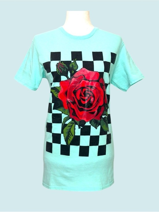 Delta Weight Pro Tops - 90s Red Rose Checkerboard Rubberized Graphic  Tee S Teal Cyber Y2K Indie Sleaze